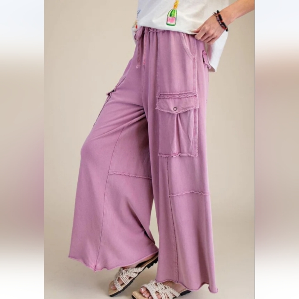 NWT Easel Mauve Pink Wide Leg Cargo 100% Cotton Sweatpants